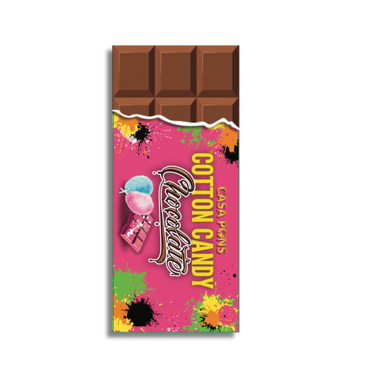 Chocolate bar packaging with colorful design and 'Cotton Candy' text on a white background