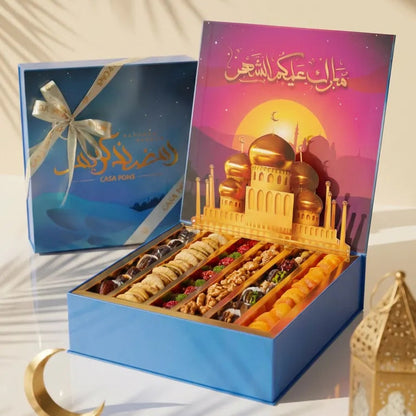 Box of assorted dried fruits with a colorful box featuring a mosque design on a white background.