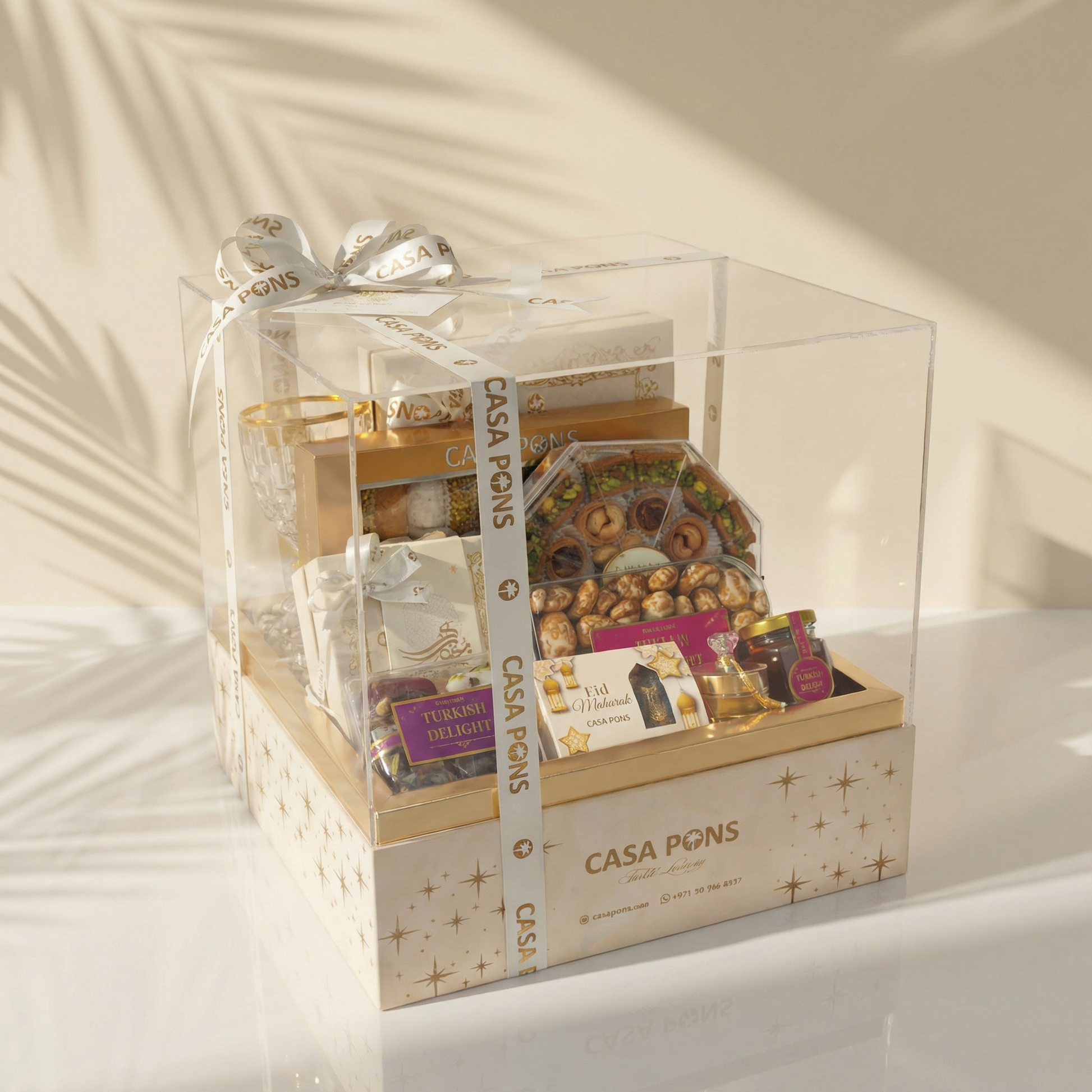 Gift basket with Casa Pons branding on a light background