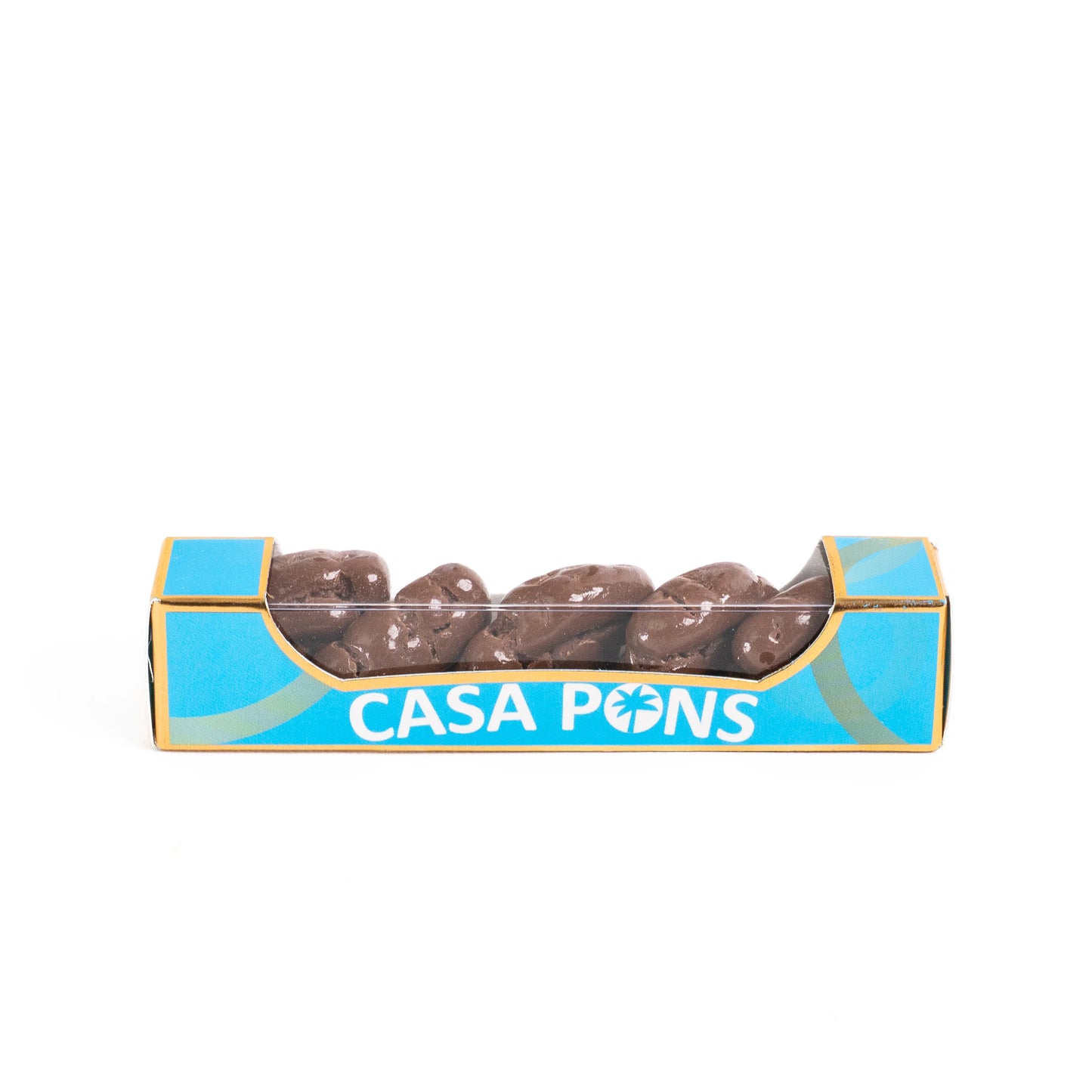 Baby Pecan Milk Chocolate 30 g mini box with milk chocolate–coated pecans in Casa Pons blue and gold packaging.