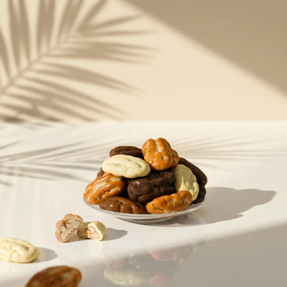 جوز البقان المغطى بمزيج من الشوكولاتة الداكنة والحليبية والبيضاء والكراميل