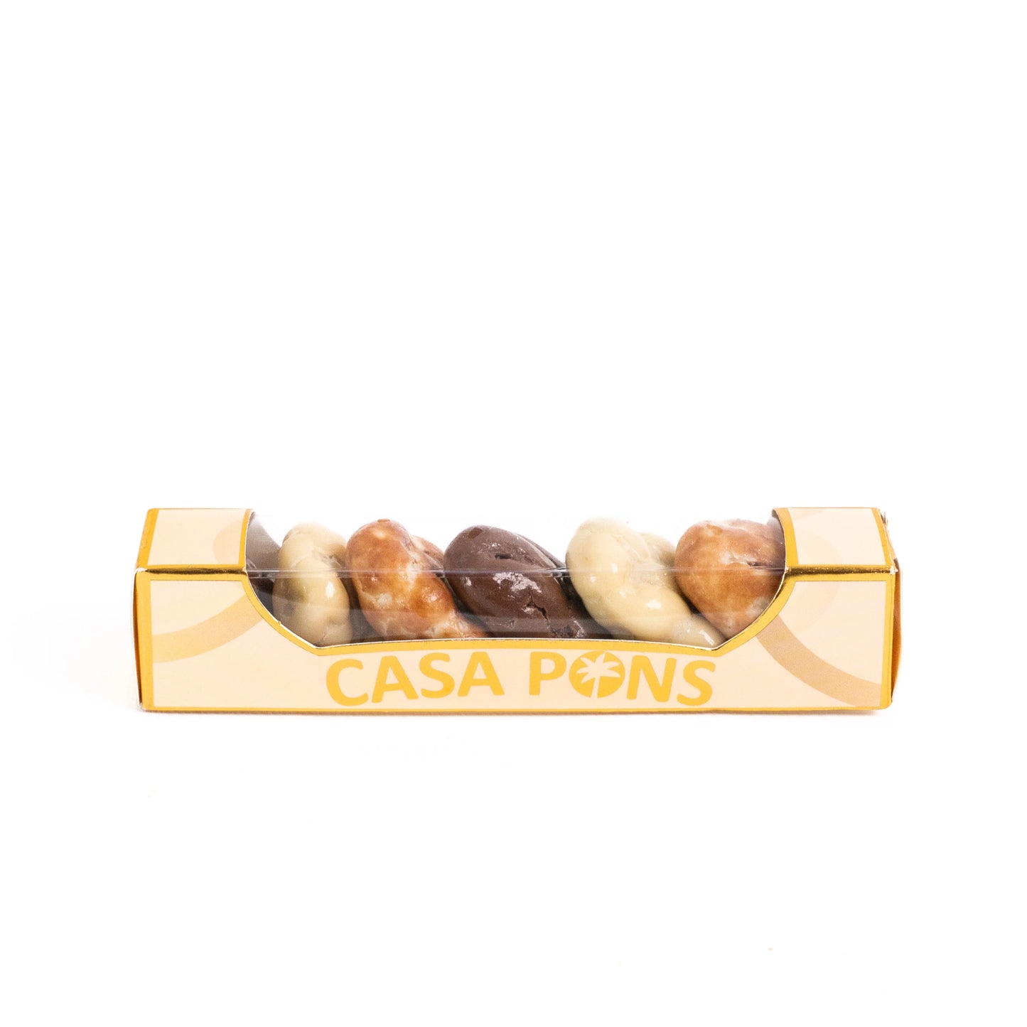 Baby Pecan Mix Chocolate 30 g mini box with assorted chocolate-coated pecans in cream and gold Casa Pons packaging.