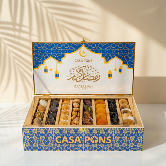 Casa Pons Ramadan dessert box with various pastries on a light background