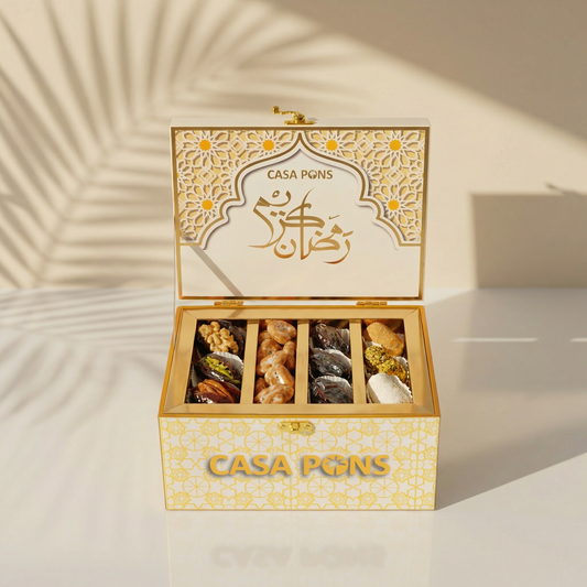 Decorative sweets box with 'Casa Pogns' branding on a light background