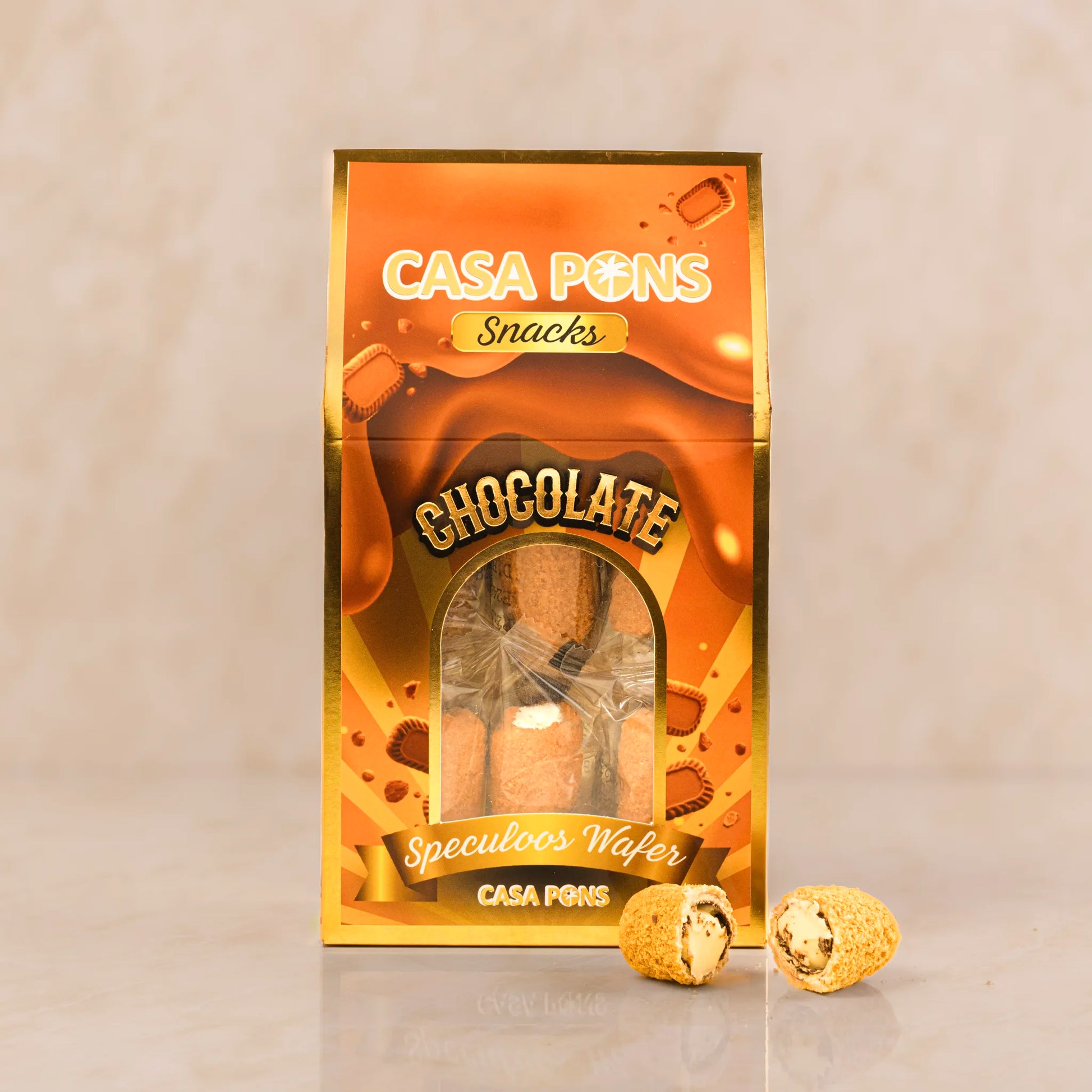 Casa Pons Chocolate Speculoos Wafer packaging on a beige background
