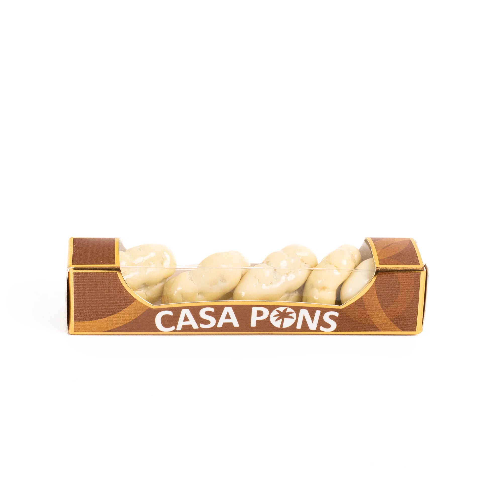 Baby Pecan White Chocolate 30 g mini box with pecans coated in white chocolate in Casa Pons cream and gold packaging.