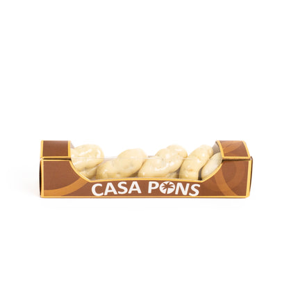 Baby Pecan White Chocolate 30 g mini box with pecans coated in white chocolate in Casa Pons cream and gold packaging.